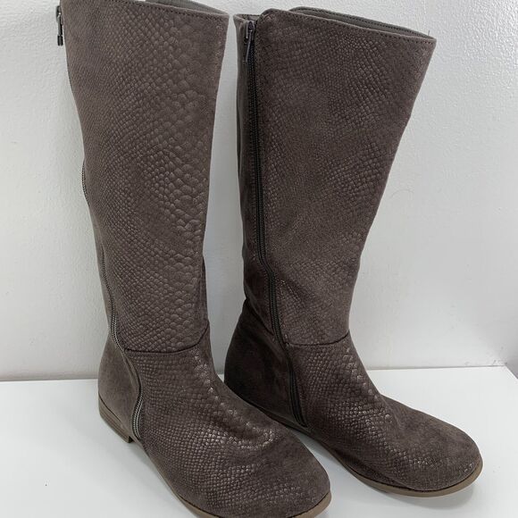 Steve Madden Knee High Boots Brown Snakeskin Side Zip Round Toe 5 Shiny - Picture 1 of 11